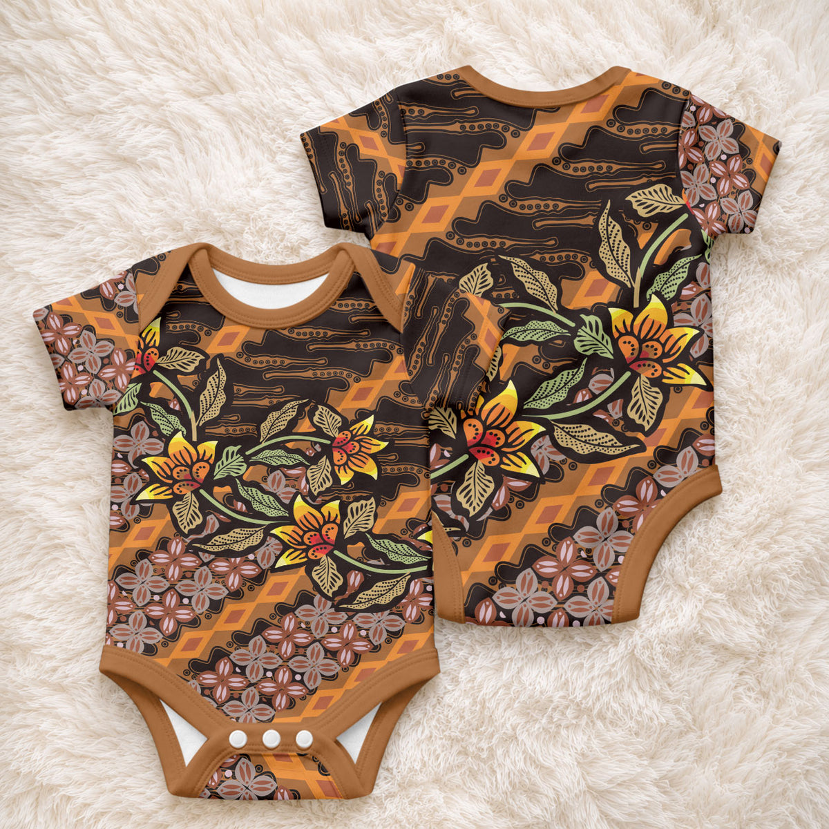 Indonesian Batik Motifs Pattern Floral Art Orange Baby Onesie