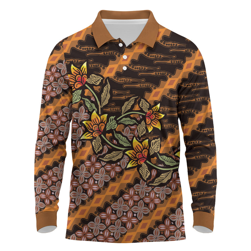 Indonesian Batik Motifs Pattern Floral Art Orange Long Sleeve Polo Shirt