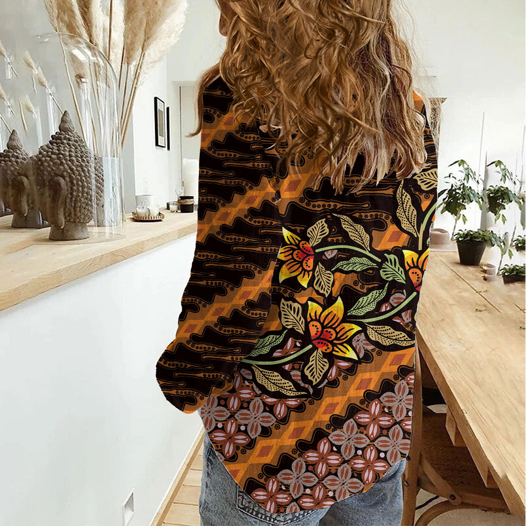 Indonesian Batik Motifs Pattern Floral Art Orange Women Casual Shirt