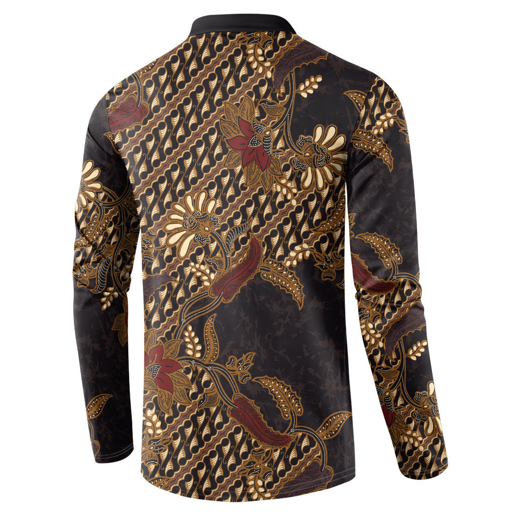 Indonesian Parang Batik Button Sweatshirt Brown Gold Floral Pattern