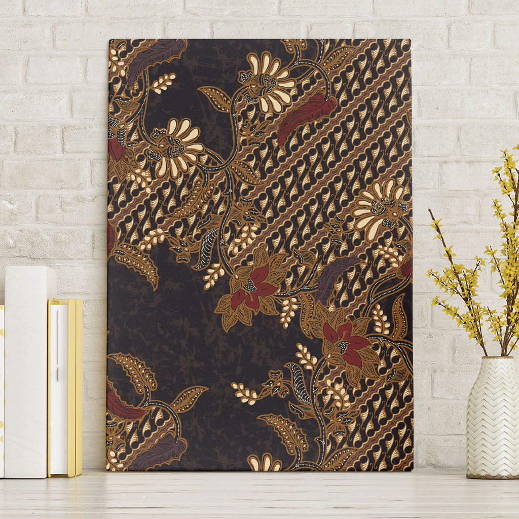 Indonesian Parang Batik Canvas Wall Art Brown Gold Floral Pattern