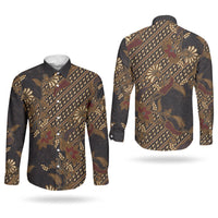 Indonesian Parang Batik Couples Matching Off The Shoulder Long Sleeve Dress and Long Sleeve Button Shirt Brown Gold Floral Pattern