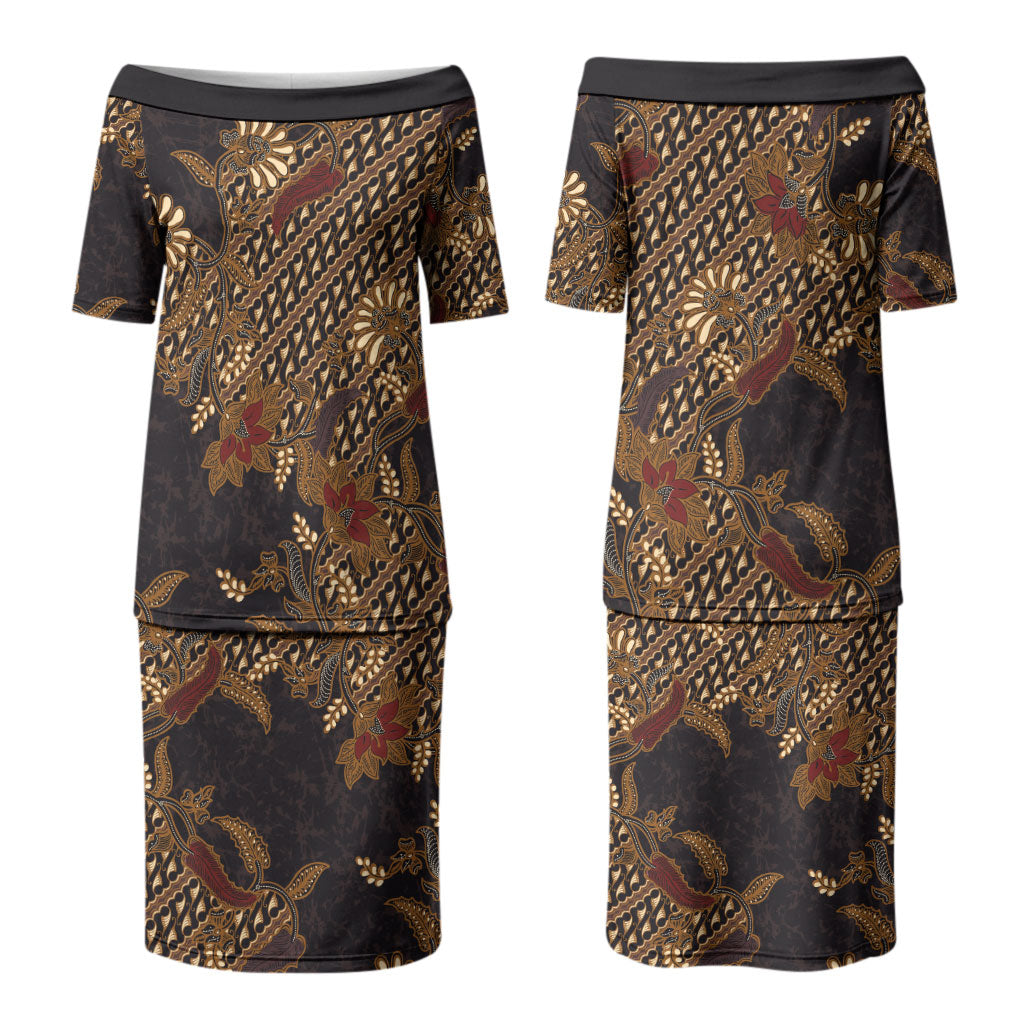 Indonesian Parang Batik Couples Matching Puletasi and Hawaiian Shirt Brown Gold Floral Pattern
