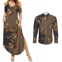 Indonesian Parang Batik Couples Matching Summer Maxi Dress and Long Sleeve Button Shirt Brown Gold Floral Pattern