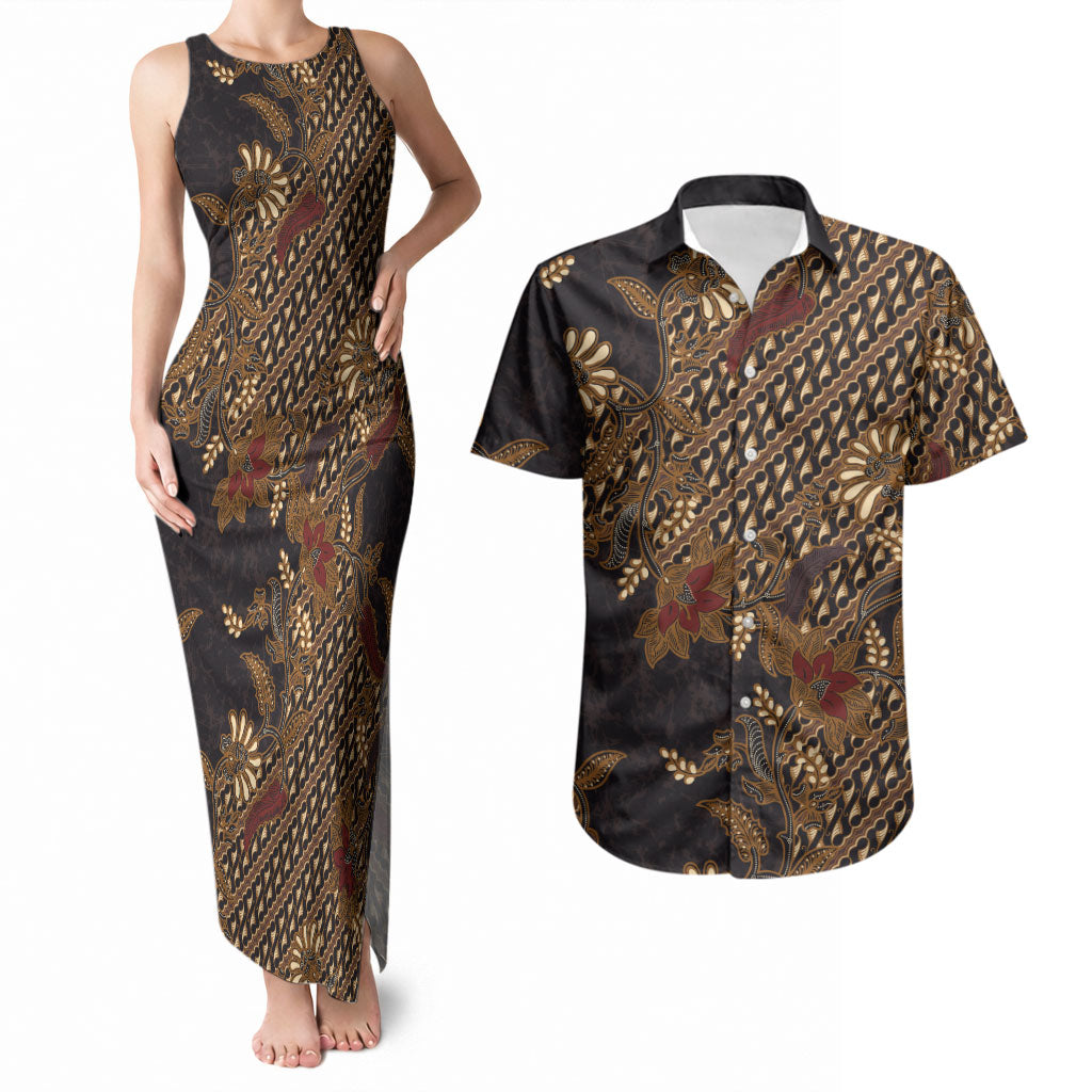 Indonesian Parang Batik Couples Matching Tank Maxi Dress and Hawaiian Shirt Brown Gold Floral Pattern