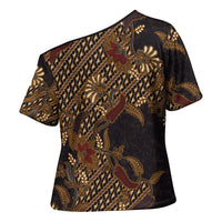Indonesian Parang Batik Cross Shoulder Shirt Brown Gold Floral Pattern