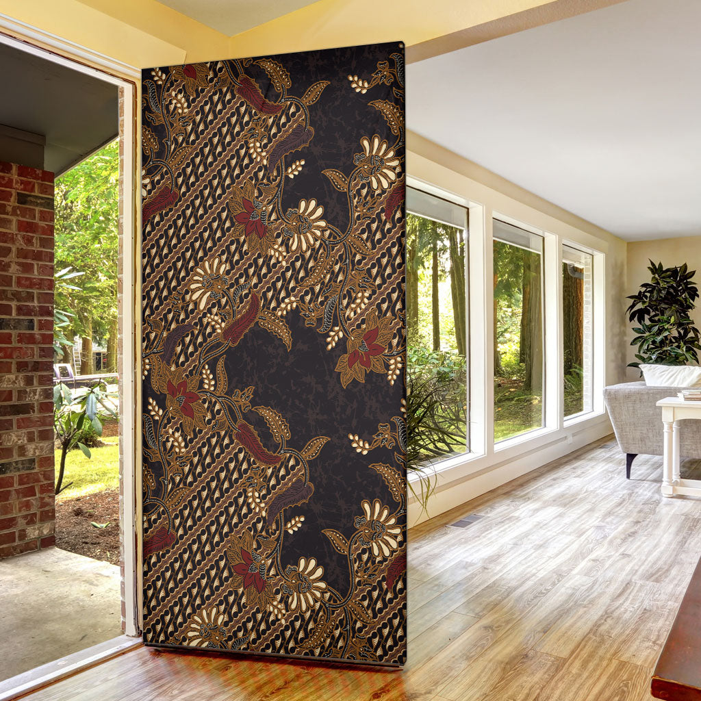 Indonesian Parang Batik Door Cover Brown Gold Floral Pattern