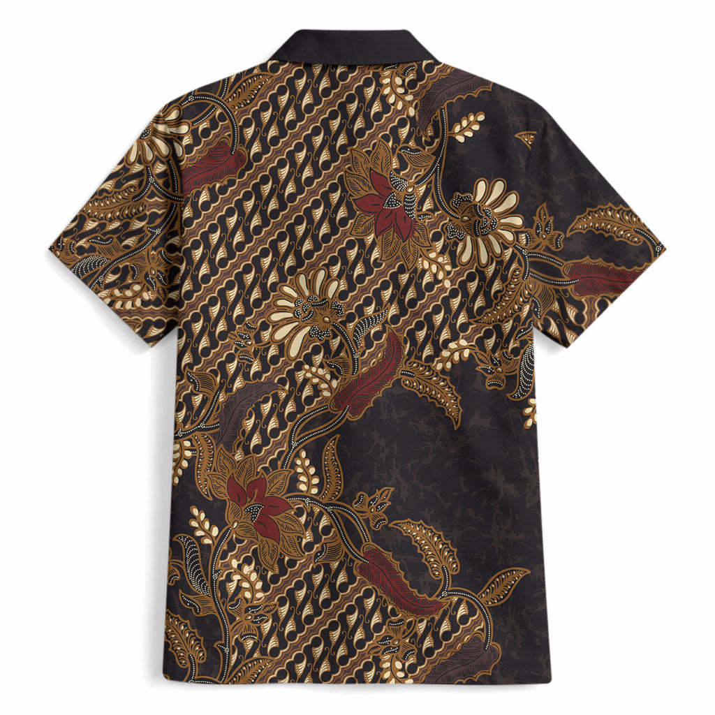 Indonesian Parang Batik Hawaiian Shirt Brown Gold Floral Pattern