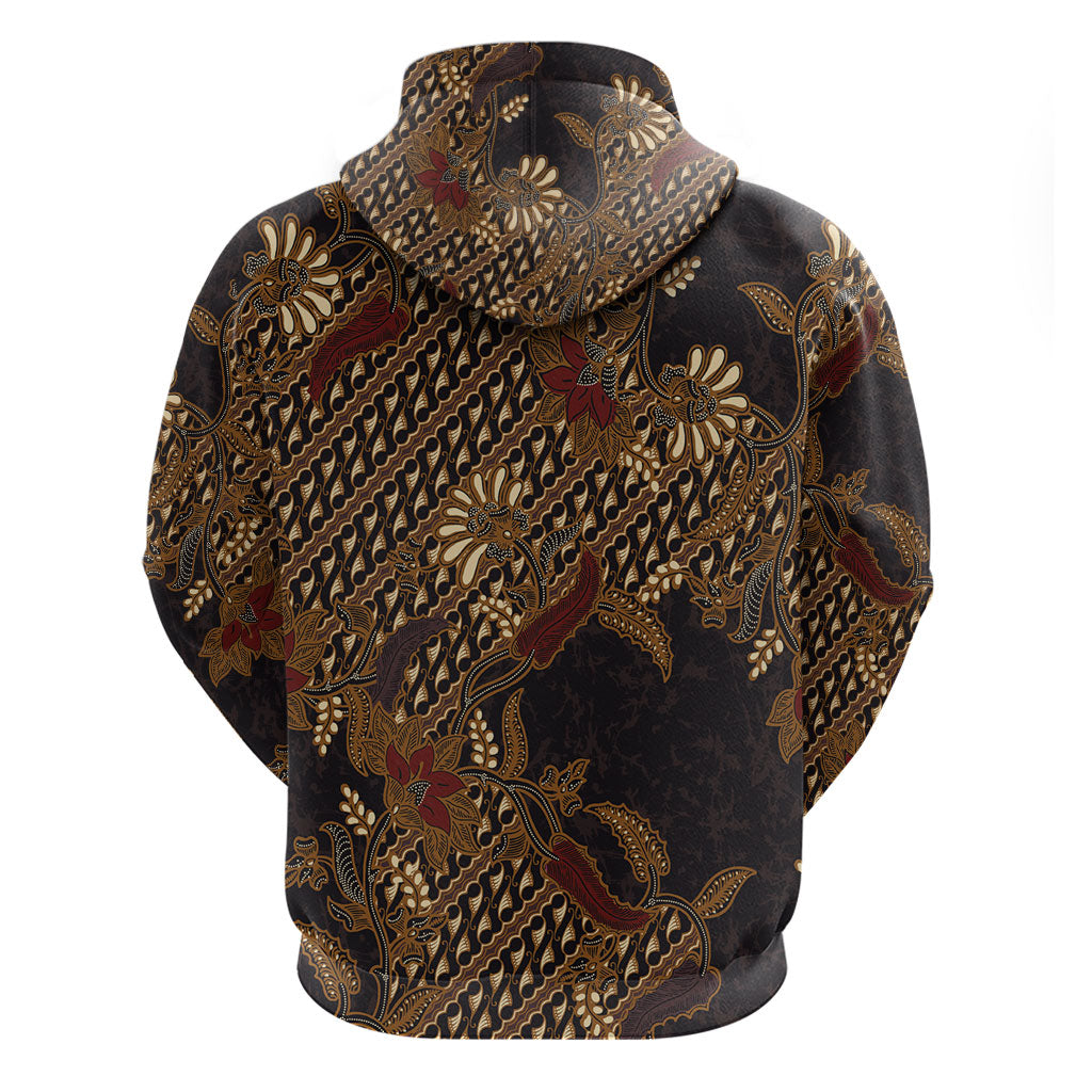 Indonesian Parang Batik Hoodie Brown Gold Floral Pattern