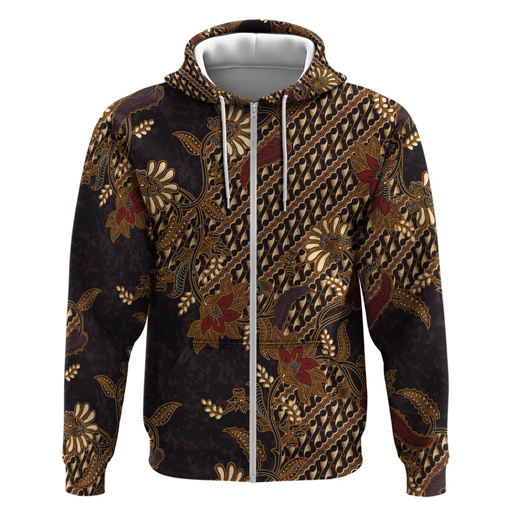 Indonesian Parang Batik Hoodie Brown Gold Floral Pattern