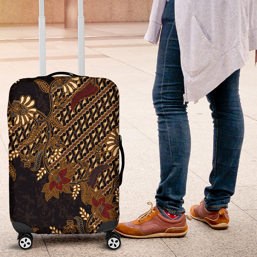 Indonesian Parang Batik Luggage Cover Brown Gold Floral Pattern
