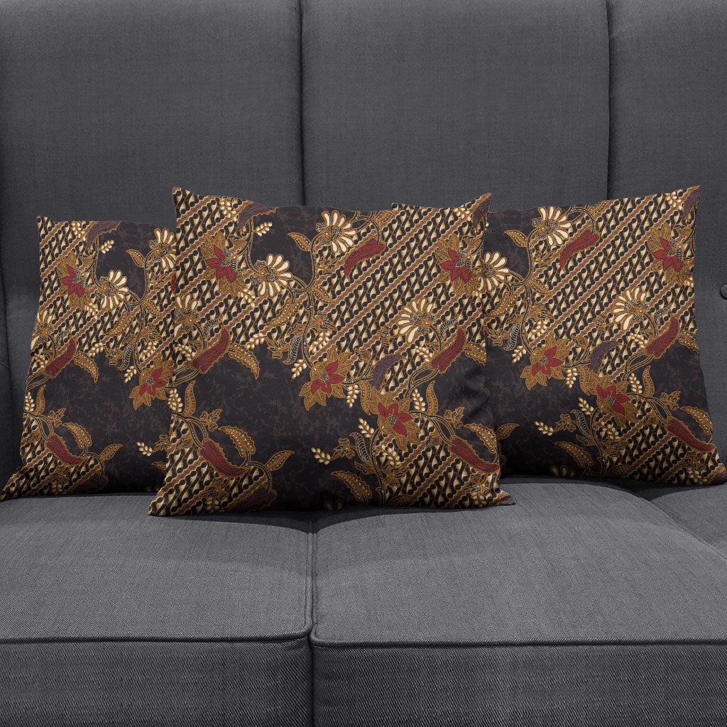 Indonesian Parang Batik Pillow Cover Brown Gold Floral Pattern