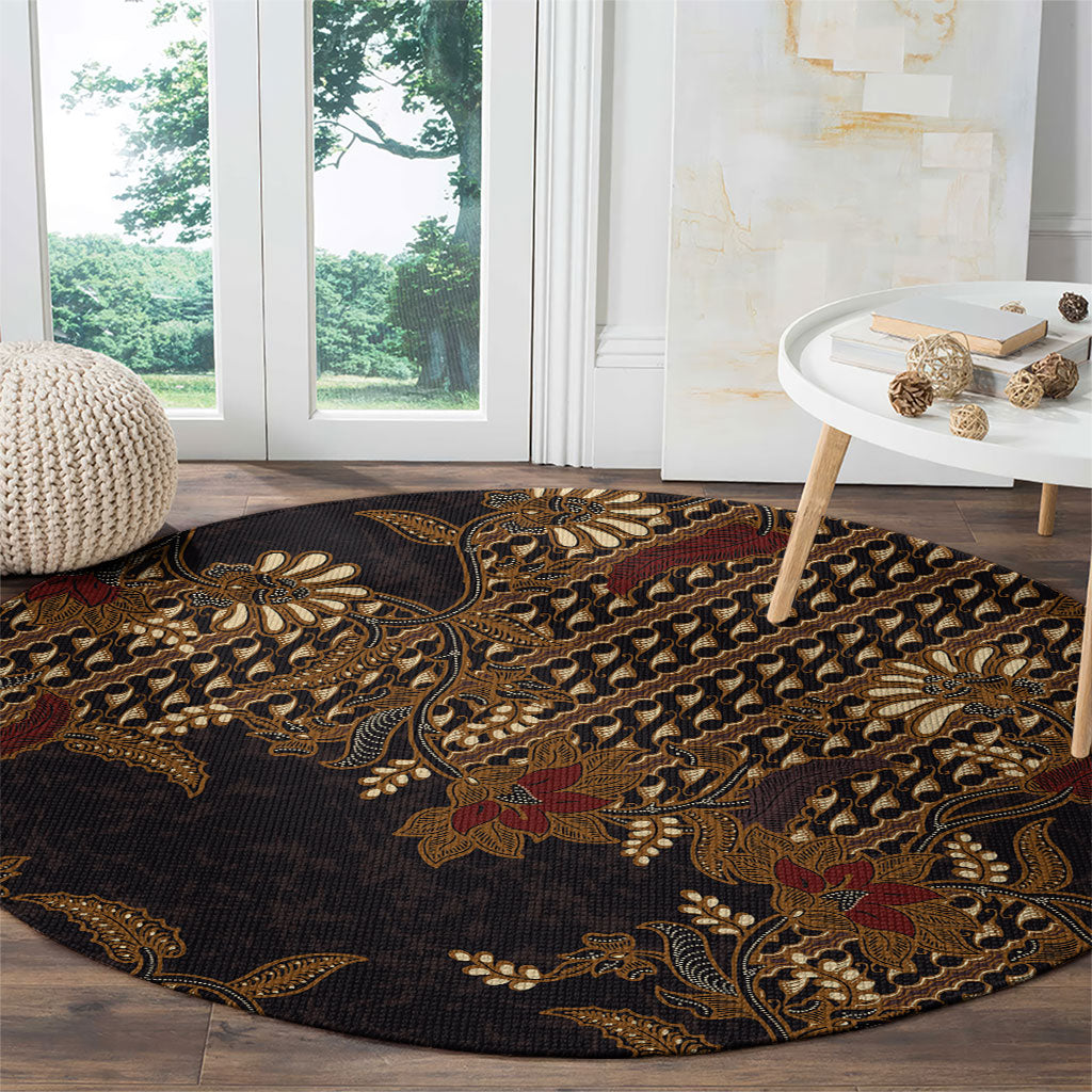 Indonesian Parang Batik Round Carpet Brown Gold Floral Pattern LT05 - Polynesian Pride