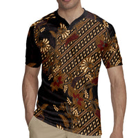 Indonesian Parang Batik Rugby Jersey Brown Gold Floral Pattern