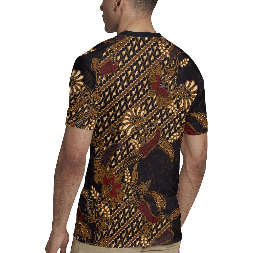 Indonesian Parang Batik Rugby Jersey Brown Gold Floral Pattern