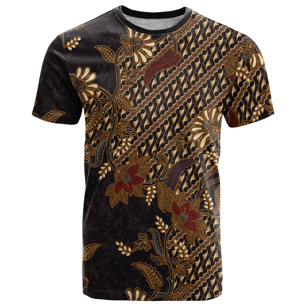 Indonesian Parang Batik T Shirt Brown Gold Floral Pattern