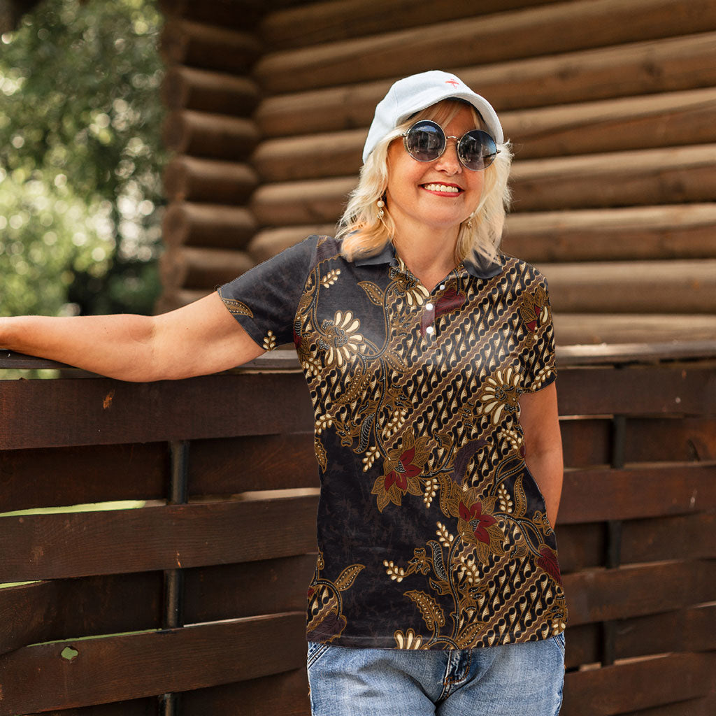 Indonesian Parang Batik Women Polo Shirt Brown Gold Floral Pattern
