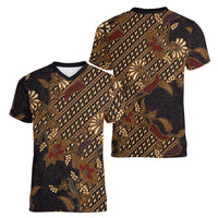 Indonesian Parang Batik Women V-Neck T-Shirt Brown Gold Floral Pattern