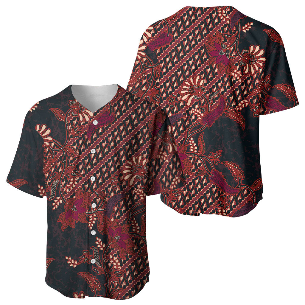 Indonesian Parang Batik Baseball Jersey Red Floral Pattern