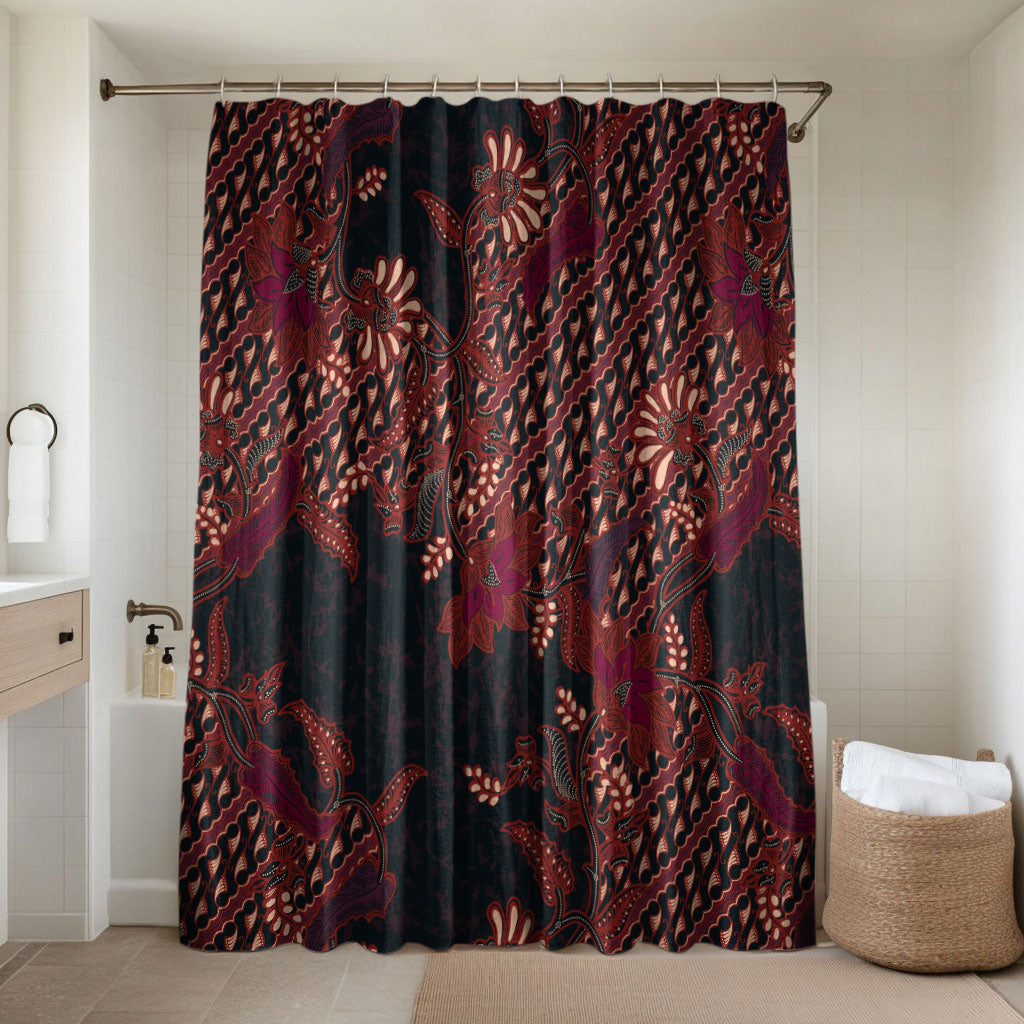 Indonesian Parang Batik Bathroom Set Red Floral Pattern