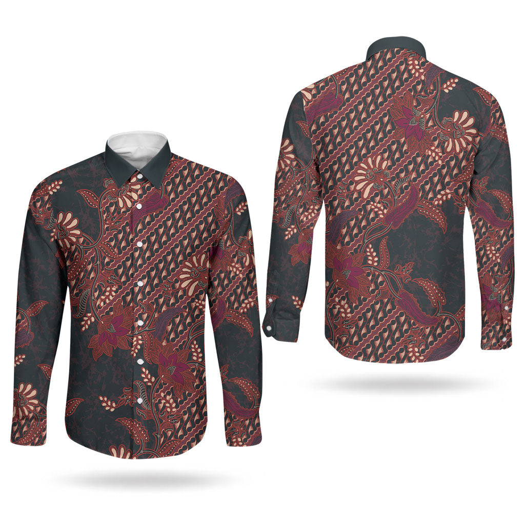 Indonesian Parang Batik Couples Matching Mermaid Dress and Long Sleeve Button Shirt Red Floral Pattern