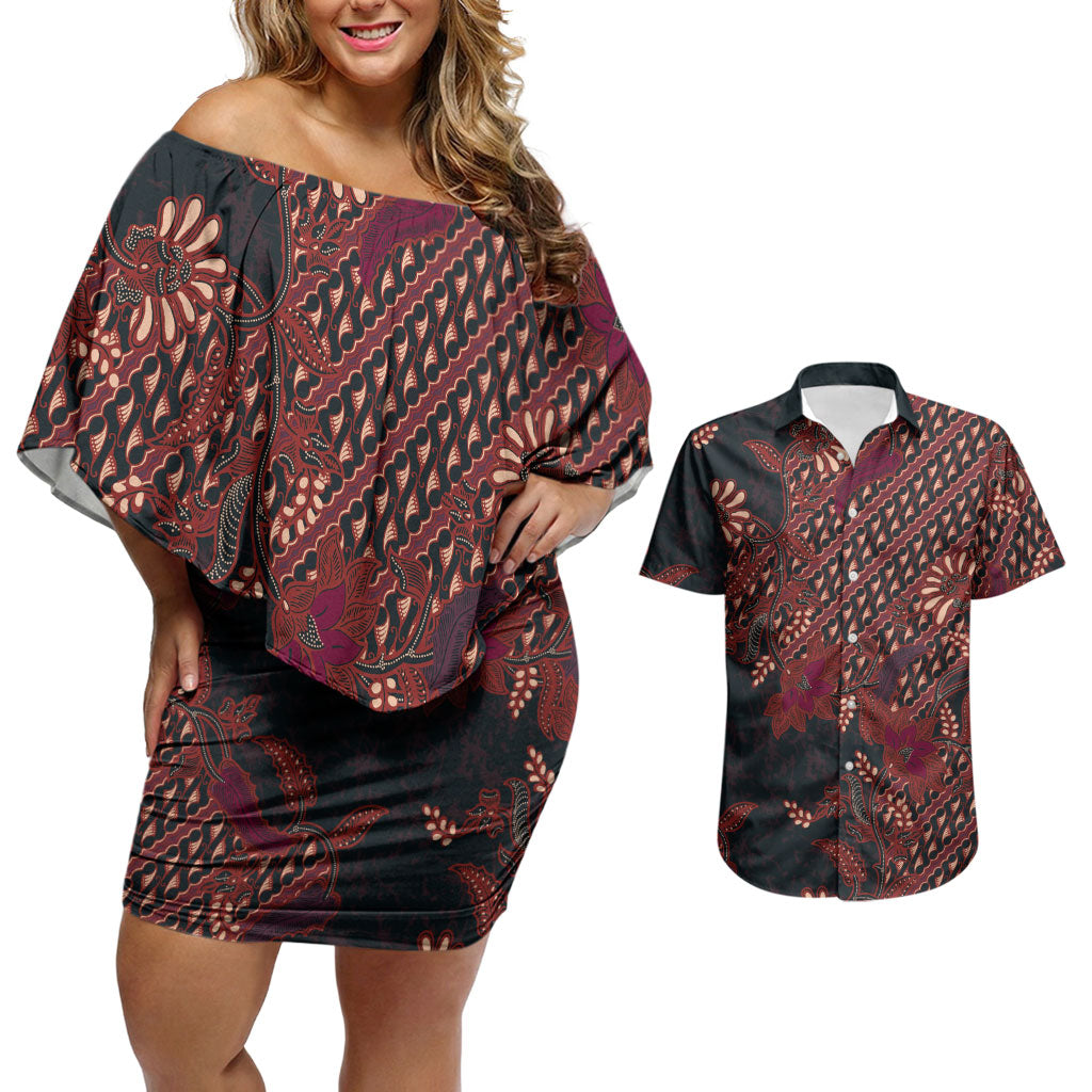 Indonesian Parang Batik Couples Matching Off Shoulder Short Dress and Hawaiian Shirt Red Floral Pattern