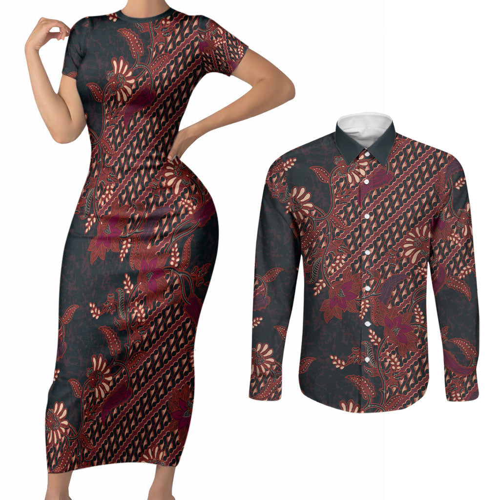 Indonesian Parang Batik Couples Matching Short Sleeve Bodycon Dress and Long Sleeve Button Shirt Red Floral Pattern