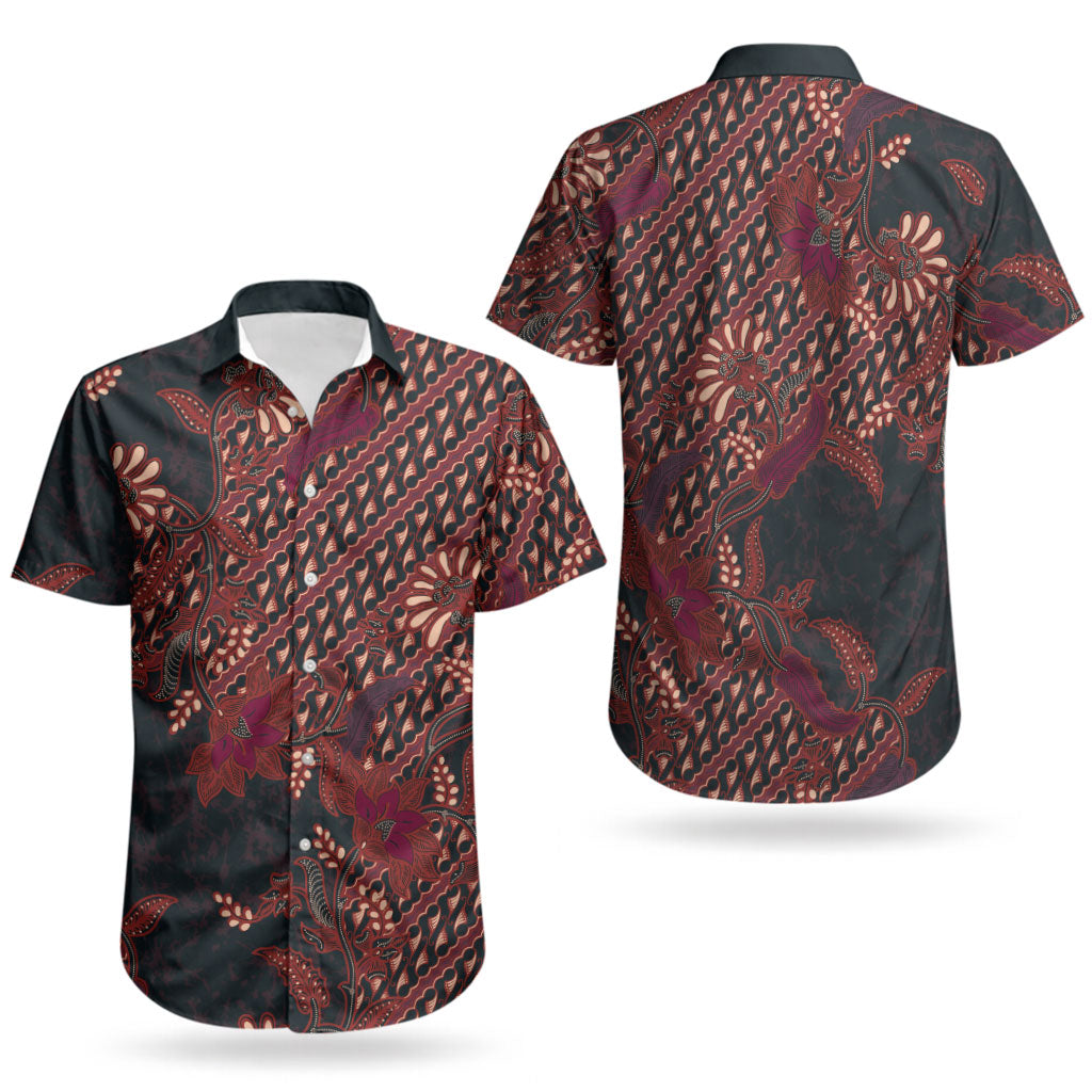 Indonesian Parang Batik Couples Matching Tank Maxi Dress and Hawaiian Shirt Red Floral Pattern