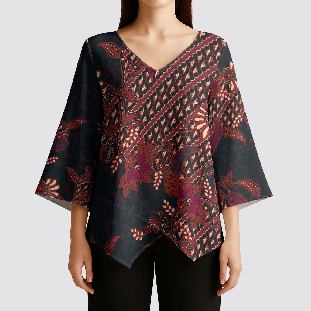 Indonesian Parang Batik Kimono Sleeve Blouse Red Floral Pattern