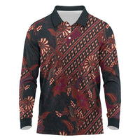 Indonesian Parang Batik Long Sleeve Polo Shirt Red Floral Pattern