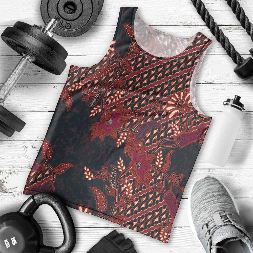 Indonesian Parang Batik Men Tank Top Red Floral Pattern