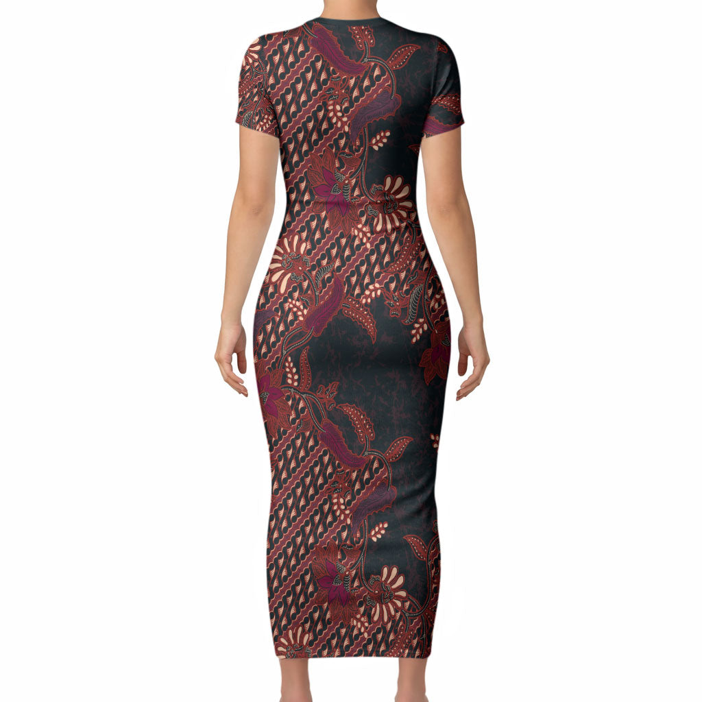 Indonesian Parang Batik Short Sleeve Bodycon Dress Red Floral Pattern