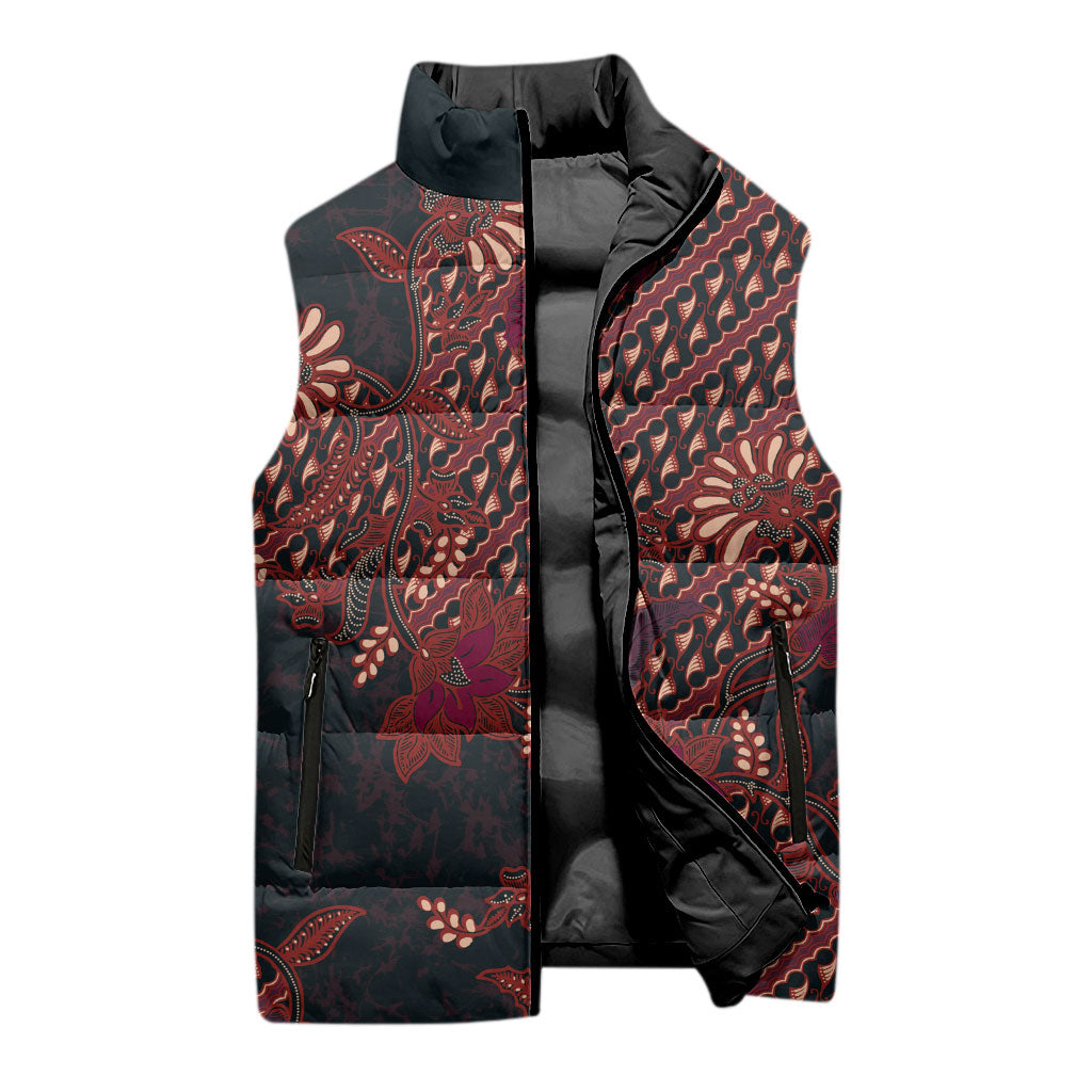 Indonesian Parang Batik Sleeveless Puffer Jacket Red Floral Pattern