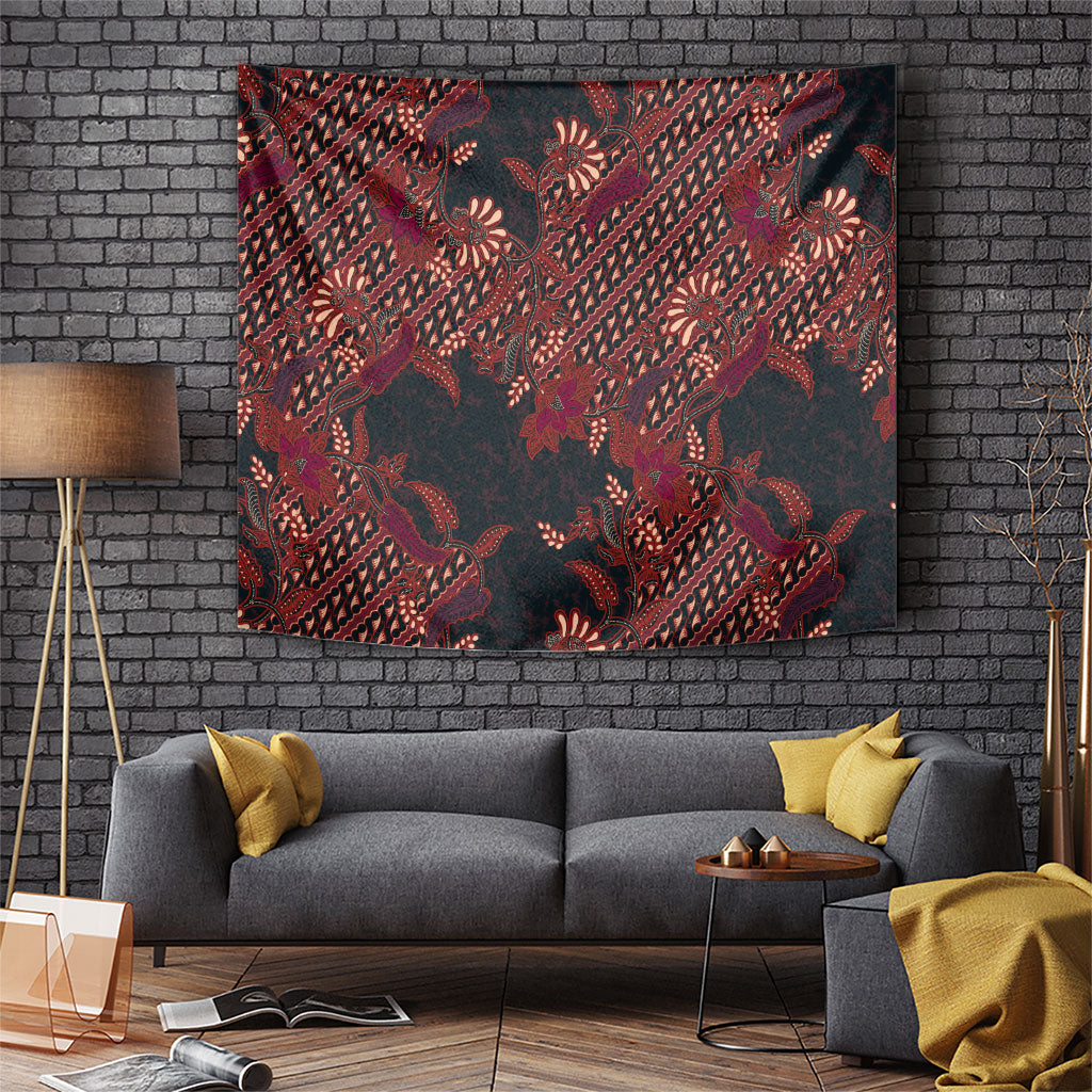 Indonesian Parang Batik Tapestry Red Floral Pattern