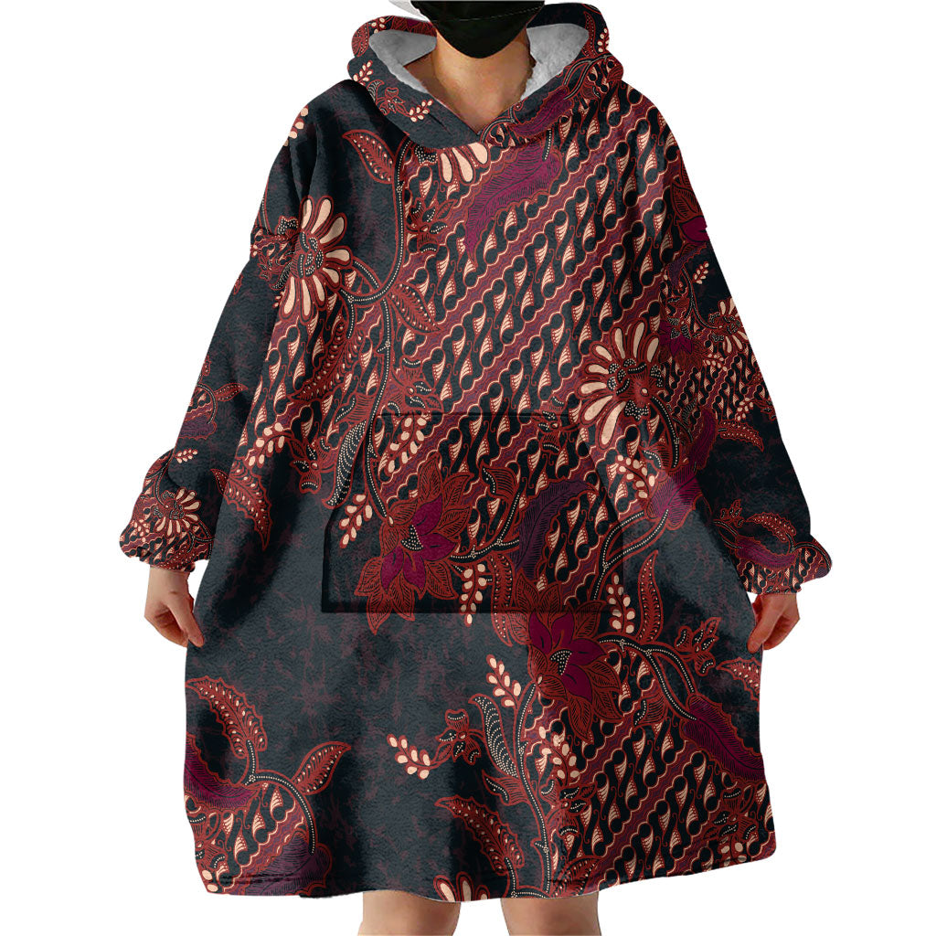 Indonesian Parang Batik Wearable Blanket Hoodie Red Floral Pattern