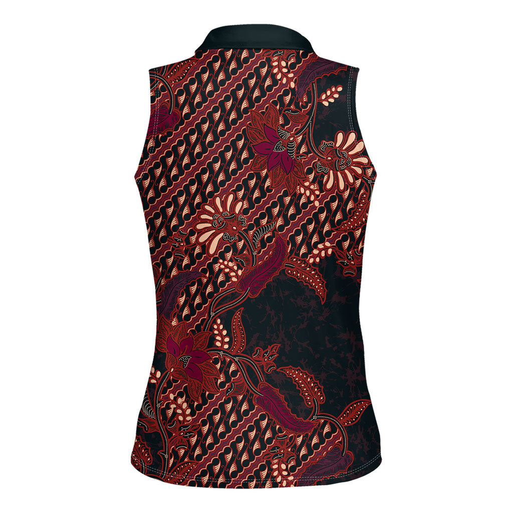 Indonesian Parang Batik Women Sleeveless Polo Shirt Red Floral Pattern