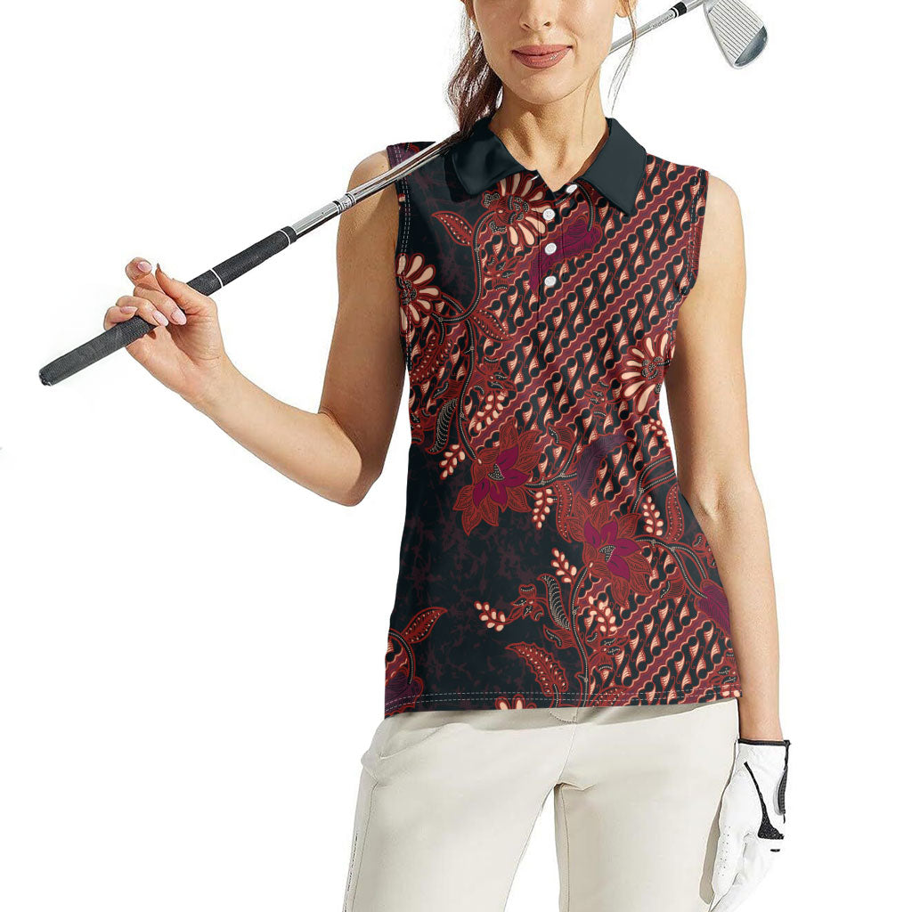Indonesian Parang Batik Women Sleeveless Polo Shirt Red Floral Pattern