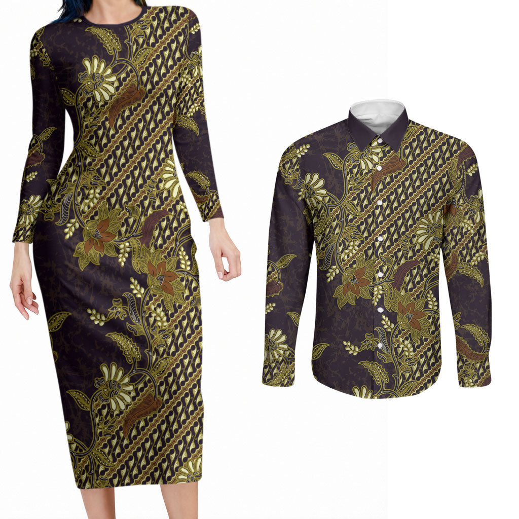Indonesian Parang Batik Couples Matching Long Sleeve Bodycon Dress and Long Sleeve Button Shirt Yellow Floral Pattern