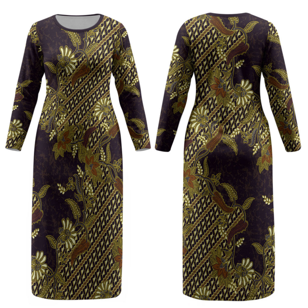 Indonesian Parang Batik Couples Matching Long Sleeve Bodycon Dress and Long Sleeve Button Shirt Yellow Floral Pattern