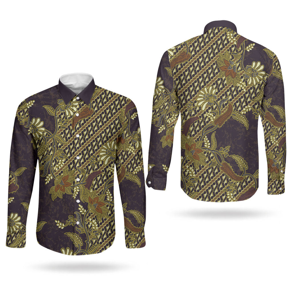 Indonesian Parang Batik Couples Matching Puletasi and Long Sleeve Button Shirt Yellow Floral Pattern