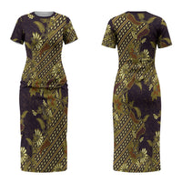 Indonesian Parang Batik Couples Matching Short Sleeve Bodycon Dress and Long Sleeve Button Shirt Yellow Floral Pattern