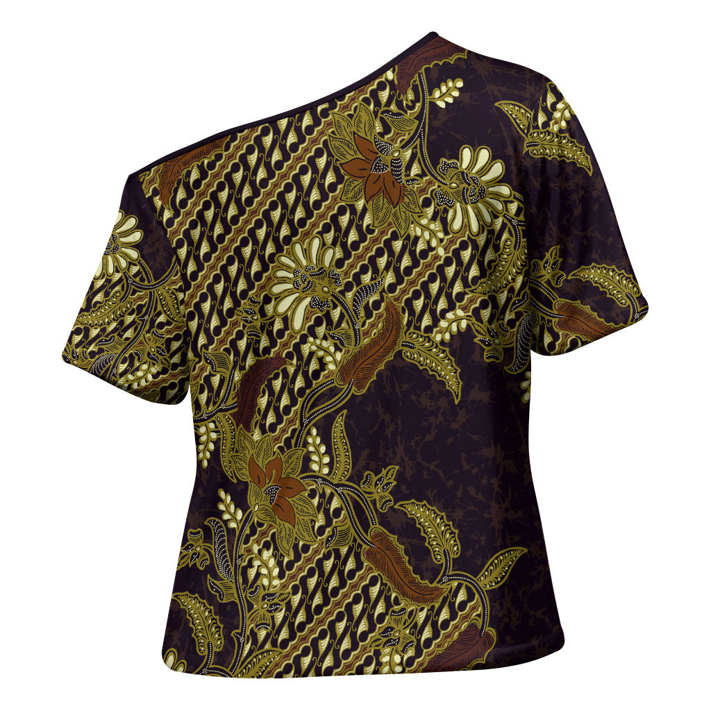 Indonesian Parang Batik Cross Shoulder Shirt Yellow Floral Pattern