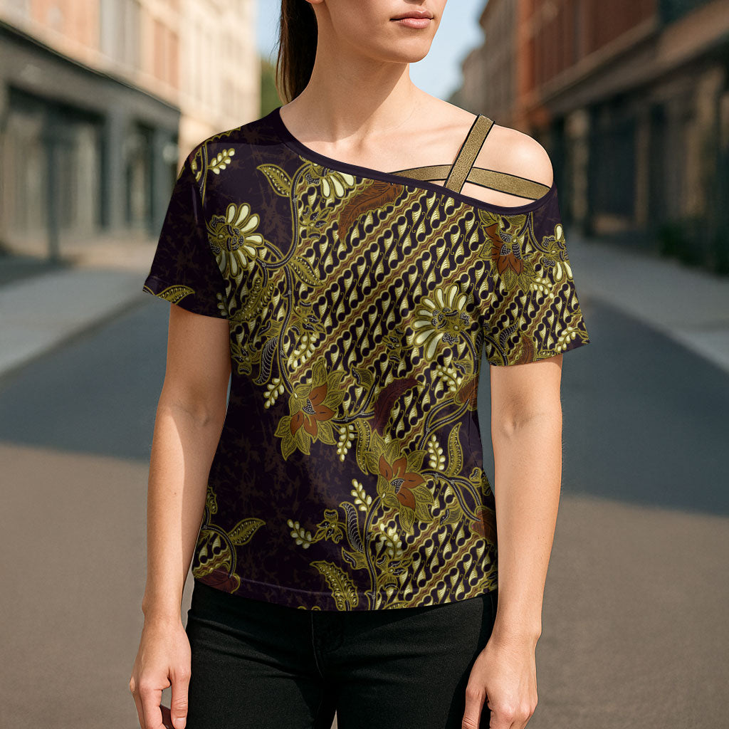 Indonesian Parang Batik Cross Shoulder Shirt Yellow Floral Pattern