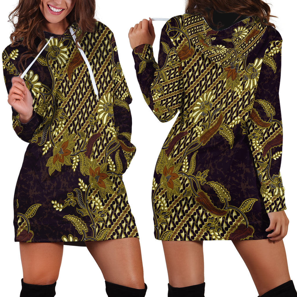 Indonesian Parang Batik Hoodie Dress Yellow Floral Pattern