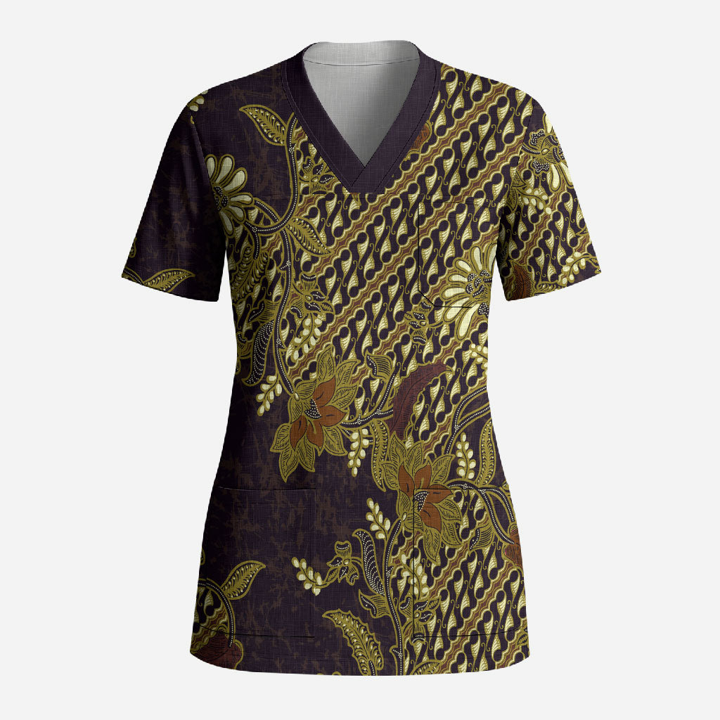 Indonesian Parang Batik Scrub Top Yellow Floral Pattern