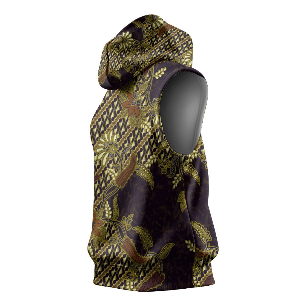 Indonesian Parang Batik Sleeveless Hoodie Yellow Floral Pattern