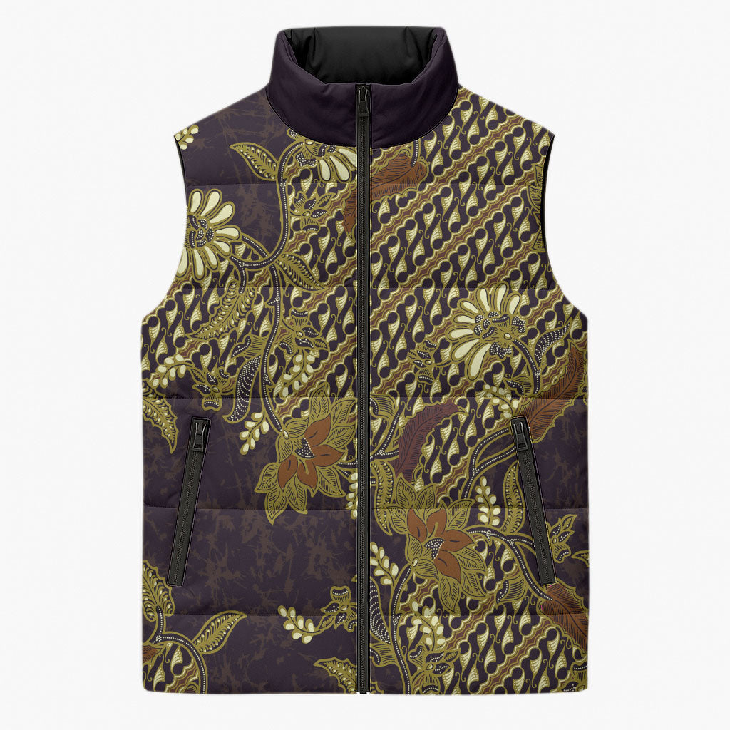 Indonesian Parang Batik Sleeveless Puffer Jacket Yellow Floral Pattern