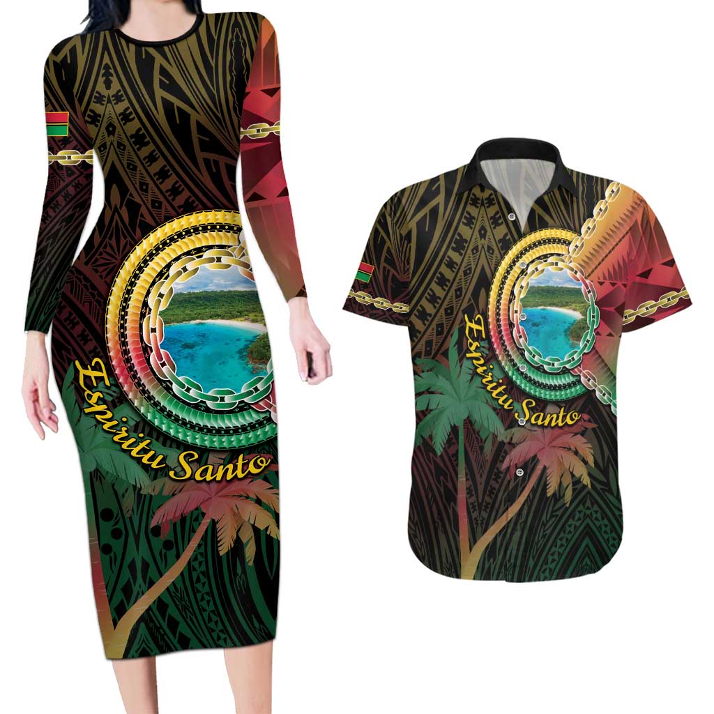Vanuatu Espiritu Santo Island Couples Matching Long Sleeve Bodycon Dress and Hawaiian Shirt Beach Landscape LT05 Black - Polynesian Pride