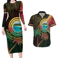 Vanuatu Espiritu Santo Island Couples Matching Long Sleeve Bodycon Dress and Hawaiian Shirt Beach Landscape LT05 Black - Polynesian Pride