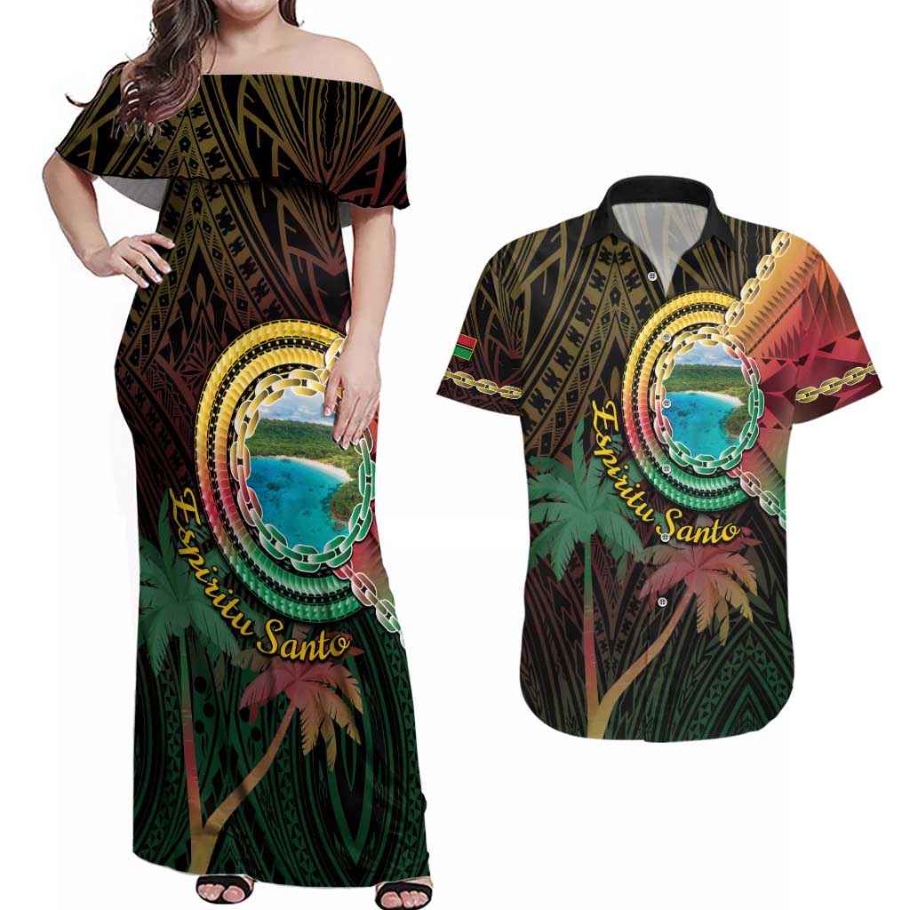 Vanuatu Espiritu Santo Island Couples Matching Off Shoulder Maxi Dress and Hawaiian Shirt Beach Landscape LT05 Black - Polynesian Pride
